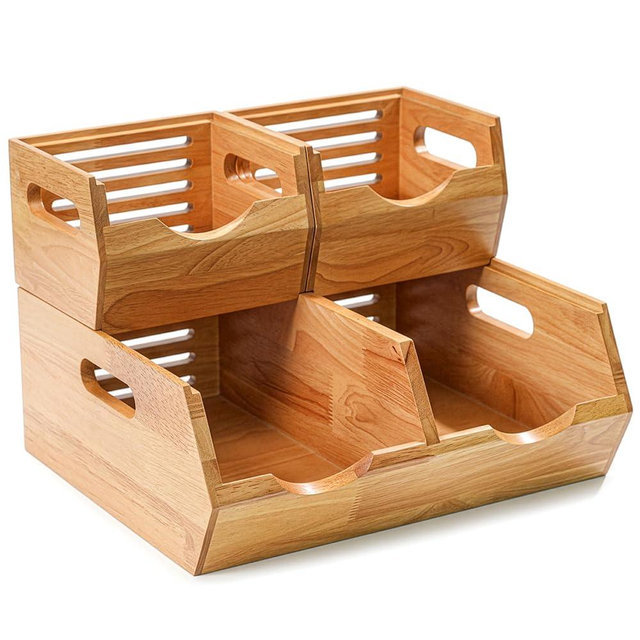 HOMESTEAD Stackable Solid Wood Storage Bins for Pantry & Countertop, Ventilated Potato and Onion Basket Organizer with Handles, Wooden Produce Storage Containers, 3 Pack, Natural Wood