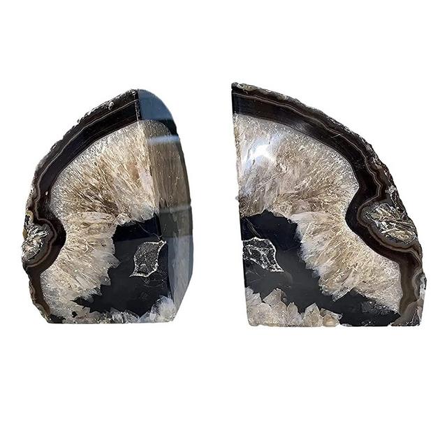 JIC Gem Geode Bookends Large Black Crystal Bookends Decorative Heavy Duty Agate Book Ends for Shelves 1 Pair 4 to 6 LBS with Rubber Bumpers