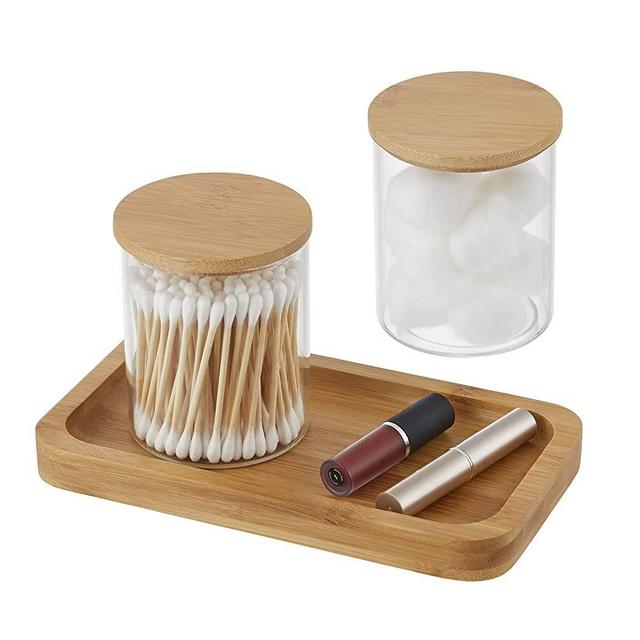 YININE Bamboo Vanity Tray, Bathroom Tray Organizer Glass Qtip Holder Dispenser Apothecary Jars for Cotton Swabs Balls Round Pad Perfume Candles Cosmetics Jewelry Makeup