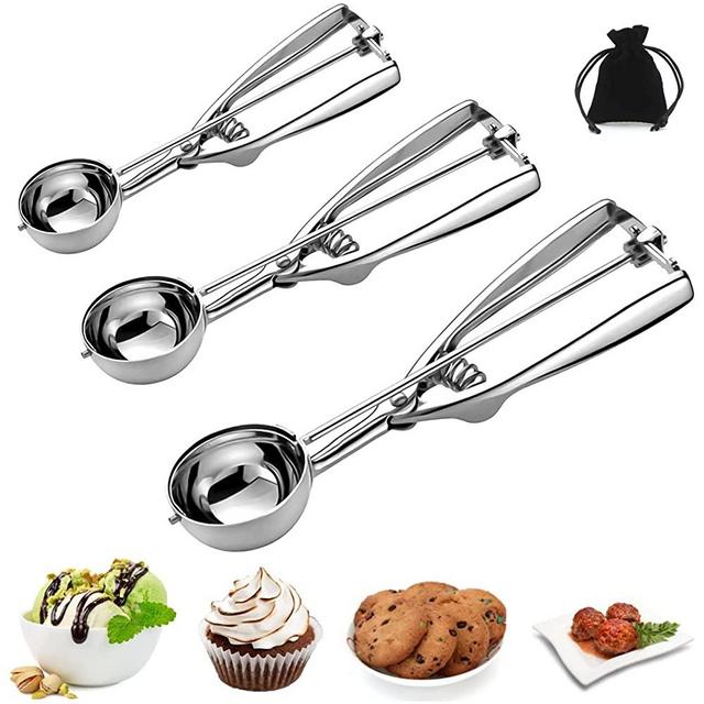 Ice Cream Scoop, 3Pcs Cookie Scoop Set, Stainless Steel Cookie Scoops for Baking Set of 3, Cookie Scooper for Baking, Ice Cream Scooper with Trigger Release, Cookie Dough Scoop, Cupcake Scoop