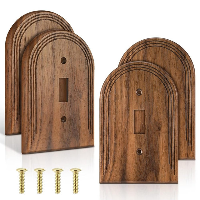 DoubleFill 4 Pcs Walnut Wood Switch Cover Brown Outlet Covers Wall Plate Decorative Boho Plug Plate Vintage Rustic Contemporary Interior Room Home Decor (13 * 8.2cm,Arch Single Toggle)