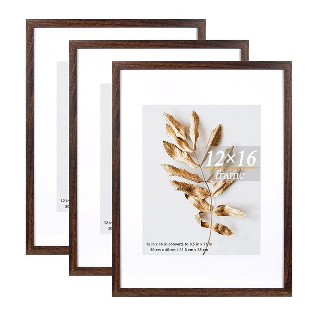 Hogaryo Set of 3 12x16 Picture Frame Brown 12x16 Frames can Display 8.5x11 Picture with Mat or 12x16 Without Mat on the Wall