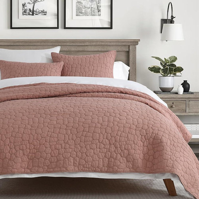 HORIMOTE HOME 100% Cotton Quilt Set Queen Size, Cameo Rose Pre-Washed Bedspreads Coverlet Set with Cobblestone Pattern, Cozy Lightweight Stitching Decorative Bedding Cover for All Seasons