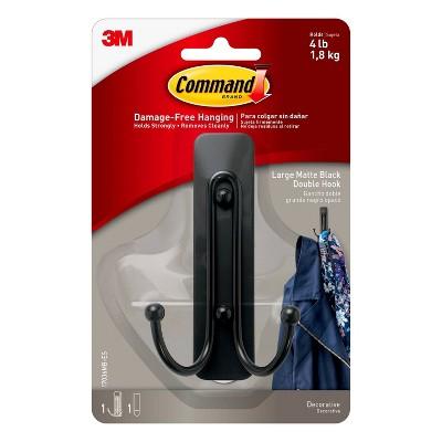 Command Large Sized Double Hook (1 Hook 1 Strip)Matte Black