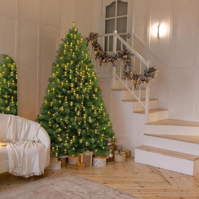 Pre-Lit Artificial Christmas Tree, 6ft Holiday Fake Trees with Warm White Lights, Premium Hinged Spruce Xmas Tree with 800 Branch Tips and Foldable Metal Stand for Home, Office, Party