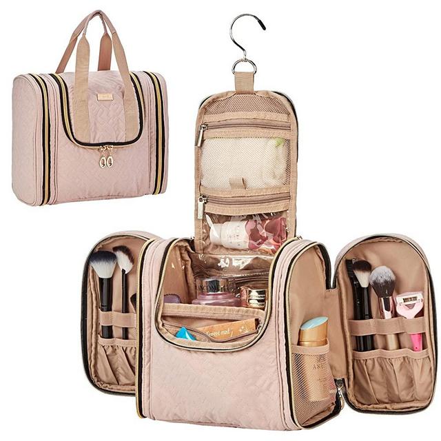 NISHEL Hanging Travel Toiletry Bag Organizer, Water Resistant Shower Dopp Kit, Makeup Cosmetic Case for Bathroom, Pink