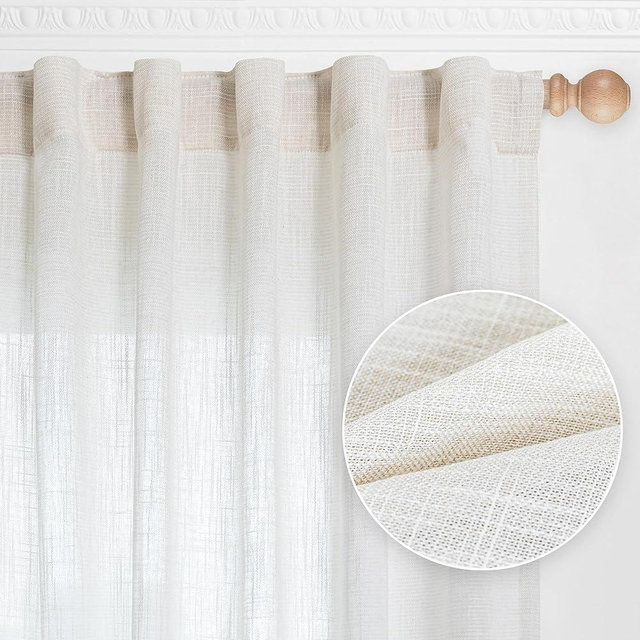 MYSKY HOME Short Curtains for Bedroom Small Windows, Light Filtering Sheer Drapes Boho Decor Country Style Kitchen Bathroom Panels Set, Light Filtering Privacy Blind, 50x54, Natural, 2 Pieces
