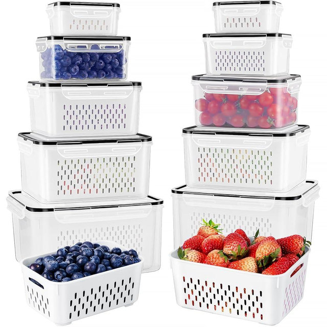 Freshmage Fruit Storage Containers for Fridge with Removable Colander, Airtight Food Storage Container, Dishwasher Safe Produce Saver for Refrigerator, Keep Berry Fruit Fresh Longer 10 pcs Large Clear