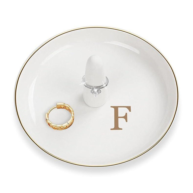CulturaCraft Ceramic Ring Holder Dish - Monogrammed Jewery Tray Ring Dish Jewelry Holder Dish Room Decor, Personalized Engagement Wedding Gift Birthday Valentines Christmas Gifts for Women - Initial F