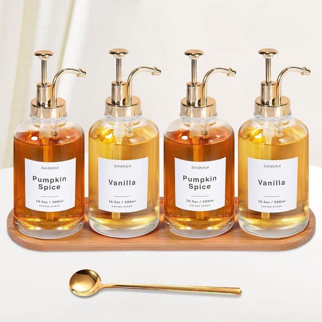 Coffee Syrup Dispenser for Coffee Bar, 16.9oz 500ml Glass Syrup Dispenser w Golden Coffee Scoop, Coffee Syrup Pump Dispenser w 36 Labels and Bamboo Tray, Coffee Syrup Bottles with Golden Pump, 4PCS