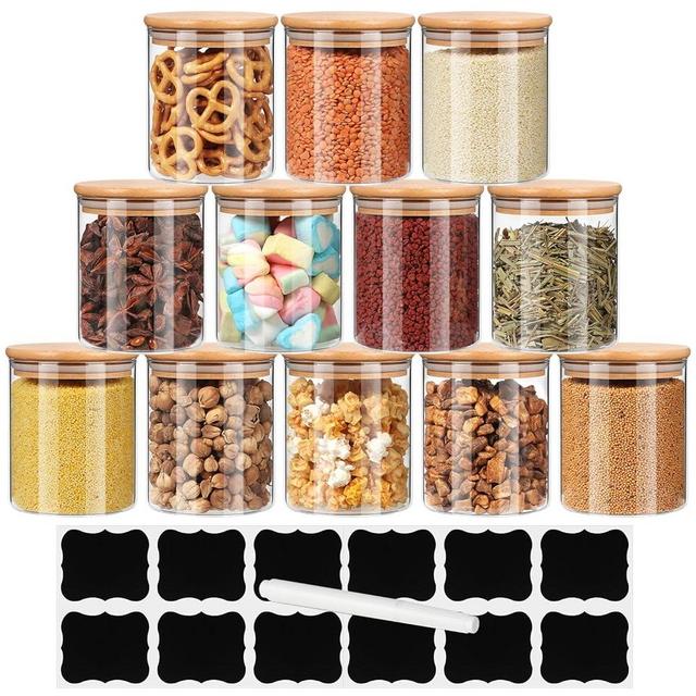 EkkoVla 12 oz Glass Food Storage Jar with Bamboo Lid, 12 Pack Borosilicate Glass Airtight Kitchen Storage Containers Sets, Clear Kitchen Canister for Coffee Bean, Nuts, Candy, Cookie, Spices, Tea