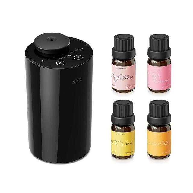 Airversa Waterless Essential Oil Diffuser Starter Kit with 4 x 10mL Fragrance Scent Oil, Battery Operated Mini Scent Air Machine Portable Diffuser for Home Car Office, AN6 Black Kit01