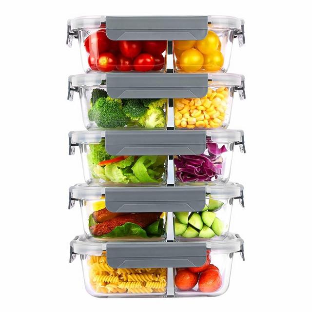 Vtopmart 5Pack 33oz Glass Food Storage Containers with Lids, Glass Meal Prep Containers 2 Compartments, Airtight Glass Lunch Containers Bento Boxes with Snap Locking Lids for Microwave, Oven, Freezer