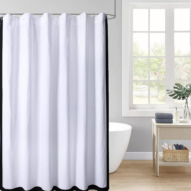 Chlophy 100% Cotton Cloth White Shower Curtain for Bathroom Black Striped Rustic Boho Bathroom Decor with Waffle Modern Farmhouse Textured Fabric Washable Heavy Duty Bathtub Curtain,72x 72 Inch