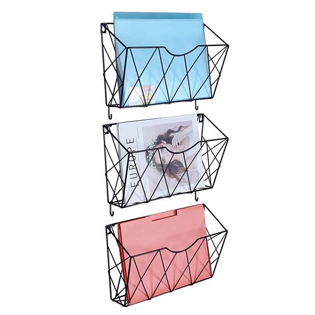 KEEGH Hanging Wall File Organizer 3 Pockets Wall Mount File Folder Mail Holder Metal Magazine Rack with Hooks (Black)