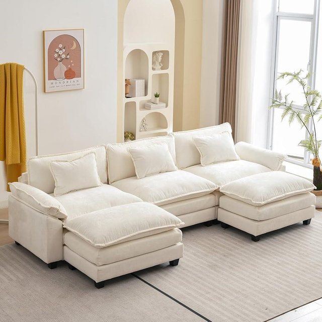 Oprisen 120" Modular Sectional Sofa, Comfy Cloud Couch Sectional Sofa with Ottoman, Chenille Sofa Sleeper Deep Seat Sofa with Throw Pillows for Living Room (Beige White, 120"- U Shape)