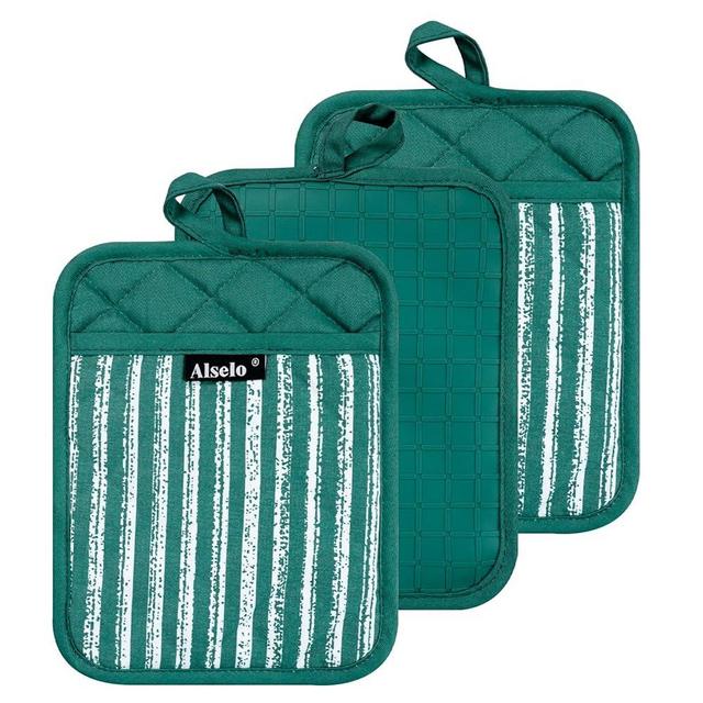 Alselo Silicone Pot Holders Set of 3 Heat Resistant & Non Slip Potholders, Professional Oven Hot Pads with Pockets Mitts for Kitchen Cooking Baking Barbecue (Emerald Green, 3)