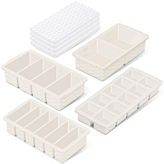 Silicone Freezer Trays with Lid (4-Pack), 1-Cup, 2-Cup, 1/2-Cup & 2-Tbsp Silicone Freezer Molds, Stackable Soup Freezer Meal Prep Containers,Ice Cube Tray for Making Sauce,Smoothies,Yogurt Bites