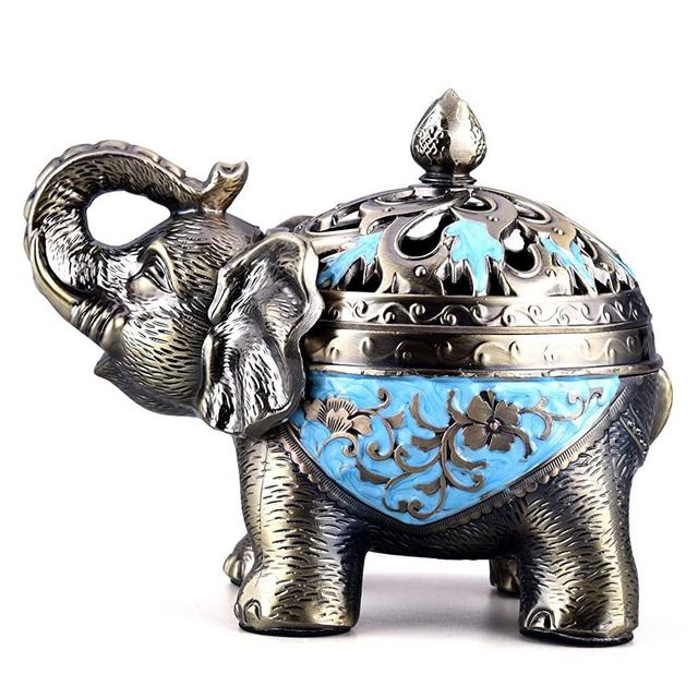 K COOL Metal Backflow Incense Holder Elephant Cone Incense Burner Candle Holder with Lid, Aromatherapy Ornament Home Office Decoration for Indoor Outdoor (Light Blue)