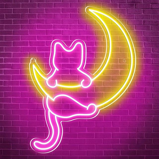Anime Cat & Moon Neon Sign, Personalized Neon Signs for Wall Decor, LED Night Lights Home Decor Lights Backdrop LED Light up Signs for Game Room Sign Wall Art Arcade Decor, Bedroom, Living Room, Bars,