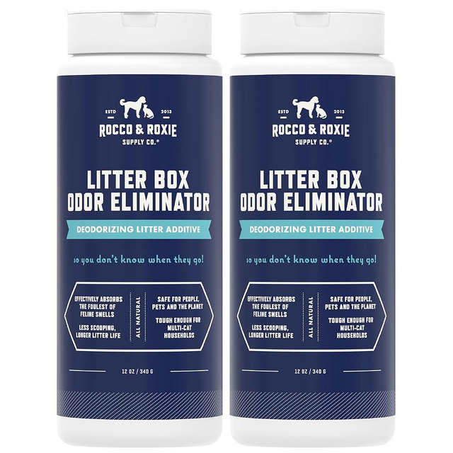 Rocco & Roxie Litter Box Odor Eliminator, Best Natural Urine Deodorizer for Cat Litter Boxes Cats Smell Control, Odor Absorber, Safe for Kitty, 12 oz pack of 2