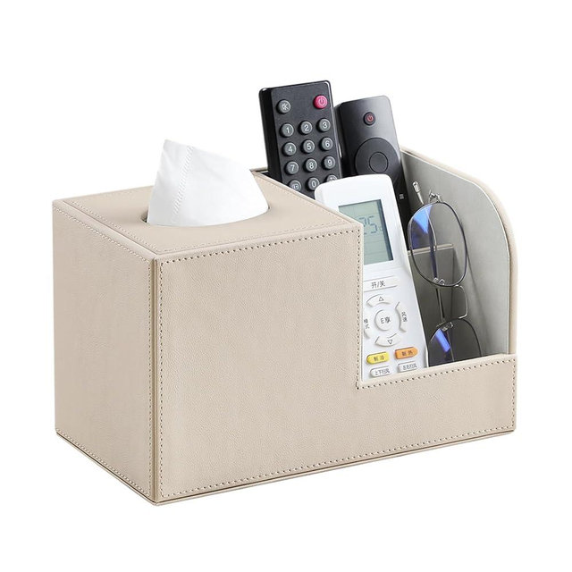 JLAMBOM PU Leather Tissue Box Cover with Remote Control Holder, Square Tissue Box Holder for Living Room Bathroom Office (Dark Beige)