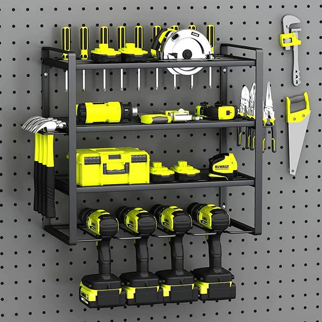 Power Tool Organizer, 4 Layers Garage Tool Organizers and Storage，Drill Holder Wall Mount, Storage Rack for Cordless Drill, Heavy Duty Tool shelf with Screwdriver Holder/Pliers Holder/Hammer Holder