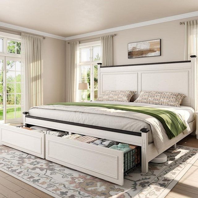 Homkdom King Size Bed Frame with Tall Headboard, Bed Frame King with Storage, 2 Drawers, Farmhouse, Wooden, No Noise, No Box Spring Needed, White