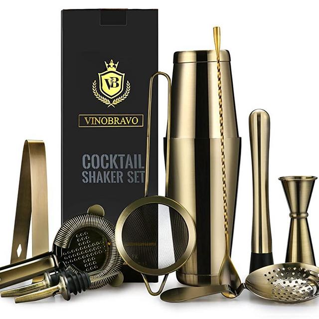 11-Piece Bartender Kit Boston Cocktail Shaker Bar Set by VinoBravo : 2 Weighted Shaker Tins, Strainer Set, Double Jigger, Bar Spoon, Ice Muddler & Tong, 2 Liquor Pourers & Recipe Guide (Antique Brass)