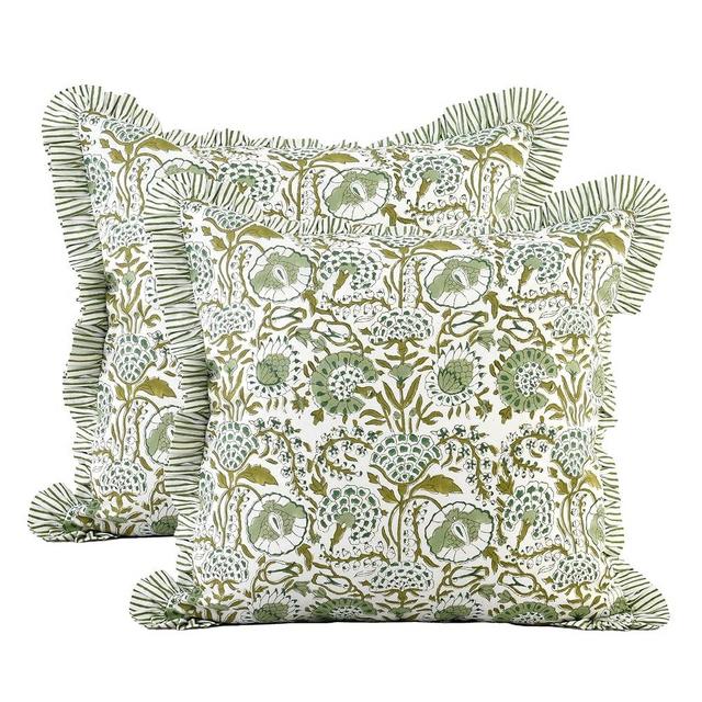 CPC Agate Green Ruffle Throw Pillow Covers for Couch, 20x20 Inch Cotton Stripe Ruffle Couch Pillows for Living Room, Hidden 16 Inch Zipper Boho Pillow Case or Cute Outdoor Pillows
