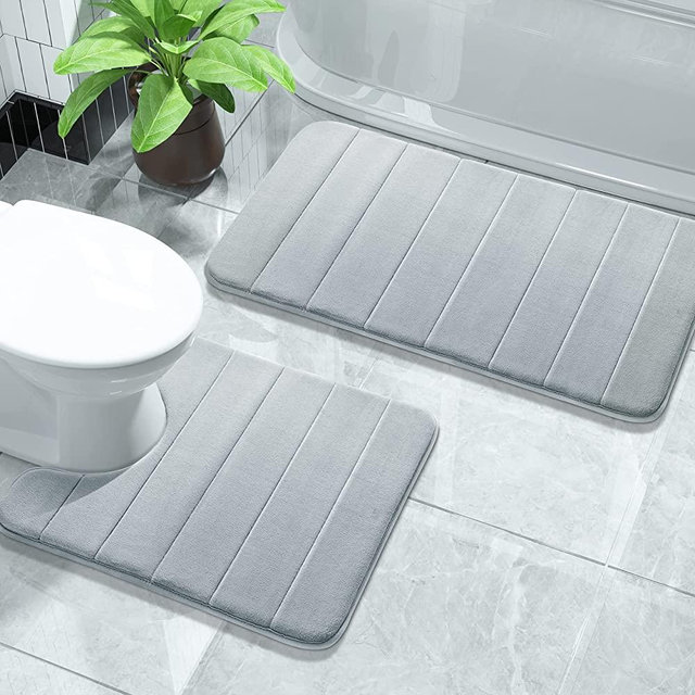 Yimobra Memory Foam Bath Mat Set, 2 Piece Soft Bathroom Rug,31.5x19.8 and 24x20.4 U-Shaped, Toilet Mat, Water Absorption, Non Slip, Thick, Dry Fast for Bathroom Floor Mat, Silver