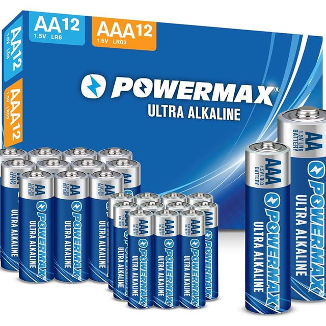 Powermax Alkaline Batteries 24-Count Combo Pack, (12 Double AA, 12 Triple AAA), Ultra Long Lasting Battery for Home and Office, 10-Year Shelf Life, Reclosable Packaging