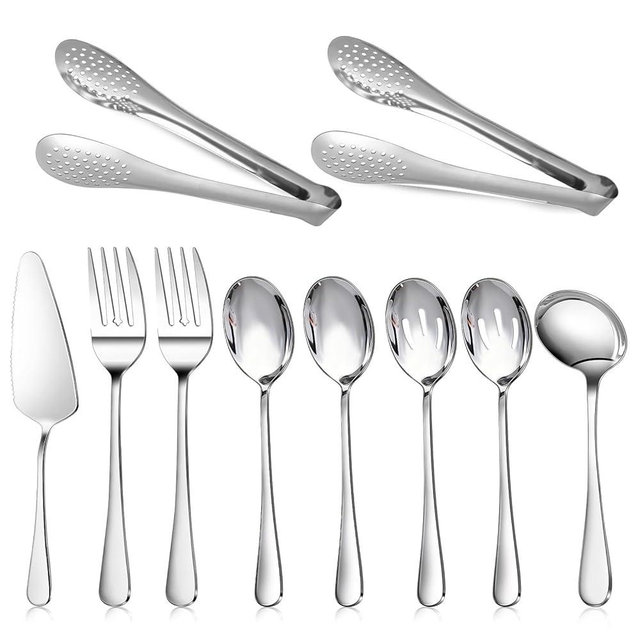 Dualshine 10PCS 18/8 Stainless Steel Serving Utensils Set for Parties, Kitchen Serving Tools-Include Serving Spoons, Slotted Spoons, Serving Forks Tongs Soup Ladle, Cake Pie Server for Buffet, Wedding