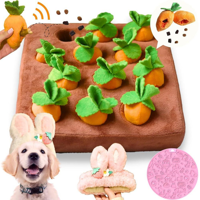 CECE PAW Dog Enrichment Puzzle, Interactive Squeaky Carrot Farm Snuffle Mat for Mental Stimulation and Puppy Brain Training, Small, Medium and Large Dogs (Upgraded Carrots with Treat Pockets)