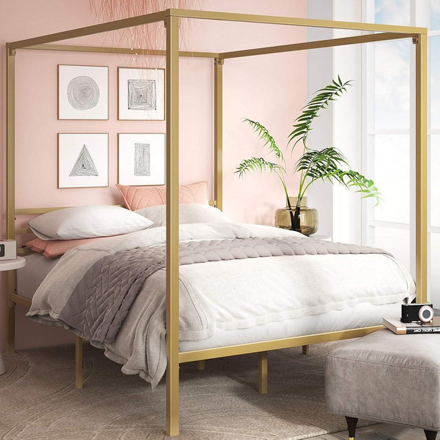 Zinus Patricia Gold Metal Canopy Platform Bed Frame, Mattress Foundation with Steel Slat Support, No Box Spring Needed, Easy Assembly, Queen