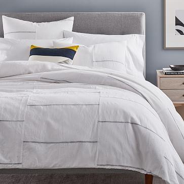 Broken Lines Linen Cotton Duvet Cover, Full/Queen, White