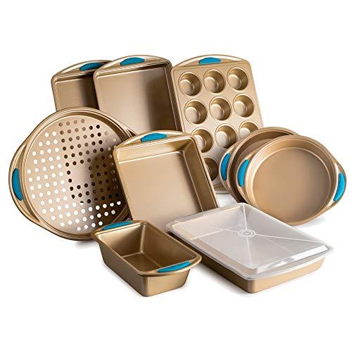 Perlli 10-Piece Nonstick Carbon Steel Bakeware Set with Baking Pans, Baking Sheets, Cookie Sheets, Muffin Pan, Bread Pan and Cake Pan with Cover, Luxurious Gold with Steel Blue Silicone Grip Handles