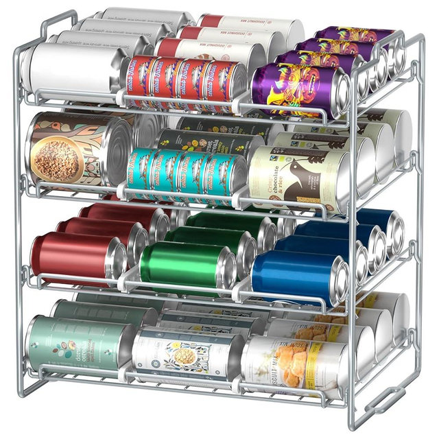 Sulishang 4 Tiers Stackable Can Rack Organizer, Wear-resistant Upgrade Beverage Food Can Dispenser Holder Holds up to 48 Cans for Kitchen Cabinet and Pantry (Silver)