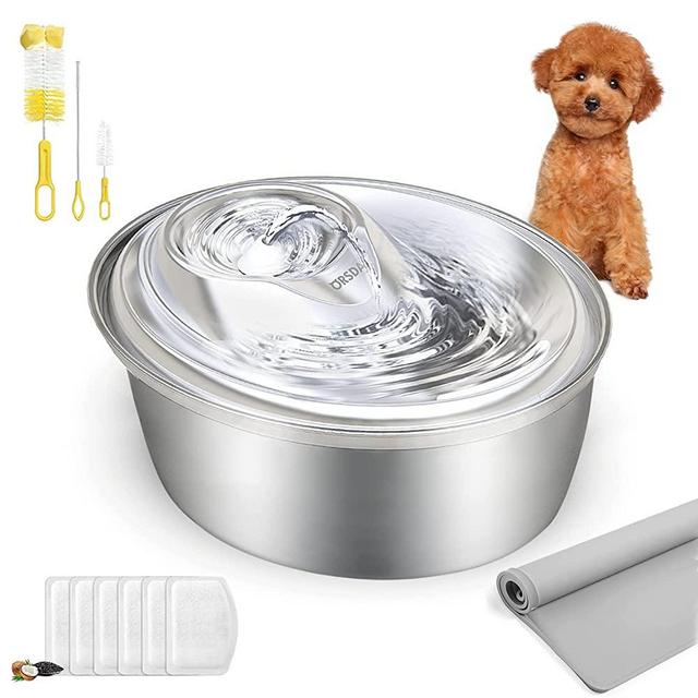 ORSDA Cat Water Fountain Stainless Steel, 100oz/3L Pet Fountain Dog Water Dispenser, Ultra-Quiet Automatic Cat Drinking Fountains with 6 Carbon Filters & 1 Silicone Mat for Cats, Small and Medium Dogs