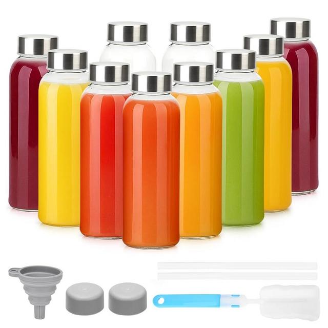 Luxfuel 10 oz Clear Glass Bottle with Lid, Reusable Glass Water Bottles with Stainless Steel Cap & Straws for Juicing, Milk, Ginger & Smoothies, Refrigerator, Leak-Proof, Juice Containers Set of 10