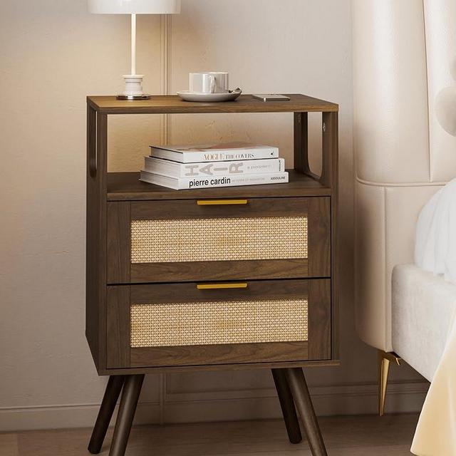JOONEE Rattan Nightstand,Farmhouse Bedside Table with 2 Storage Drawer and Open Wood Shelf, for Bedroom and Small Spaces,Night Stand with Solid Wood Legs (Walnut Brown)