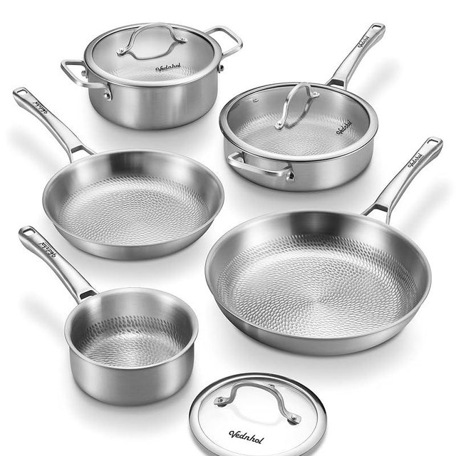 Titanium Pans set, 8 Pcs Pure Titanium Hammered Pro with Lids, Non Stick Skillet for Cooking, Non-Toxic, PFAS/PFOA/PTFE Free Cookware, Dishwasher&Oven Safe, Kitchen Induction Compatible