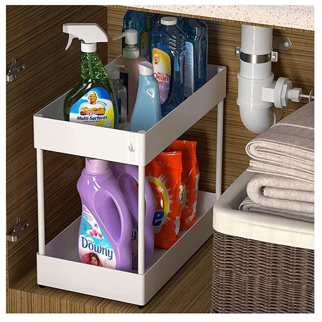Under Sink Organizer, Under Bathroom Cabinet Storage 2 Tier Under Sink Storage Rack with 6 Hooks, Under Cabinet Organizer Baskets, Multi-purpose Under Sink Shelf Organizer for Bathroom Kitchen (White)