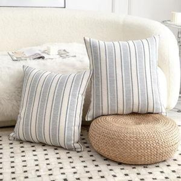 Decorative Boho Throw Pillow Covers, Farmhouse Textured Pillow Case, 20 x 20 Inch Set of 2, Chair Sofa Bedroom Living Room Home Decor Couch Cushion Case, Classic Blue and Beige Striped