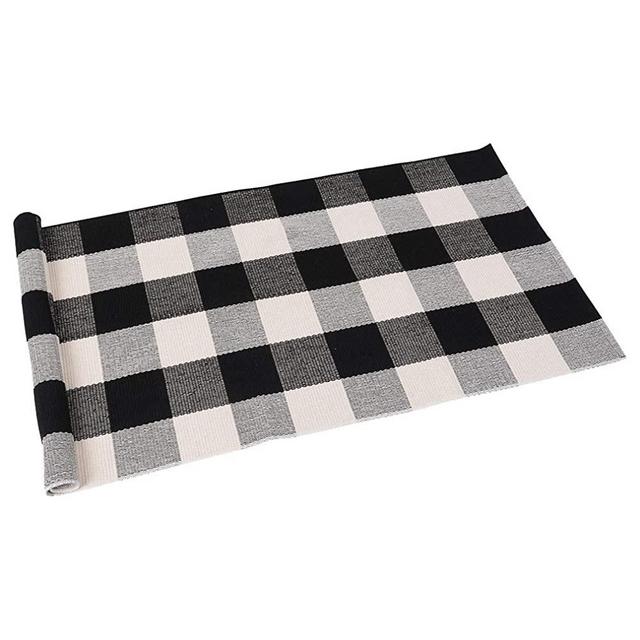 SEEKSEE 100% Cotton Plaid Rugs Black/White Checkered Plaid Rug Hand-Woven Buffalo Checkered Doormat Washable Porch Kitchen Area Rugs (24"×51")