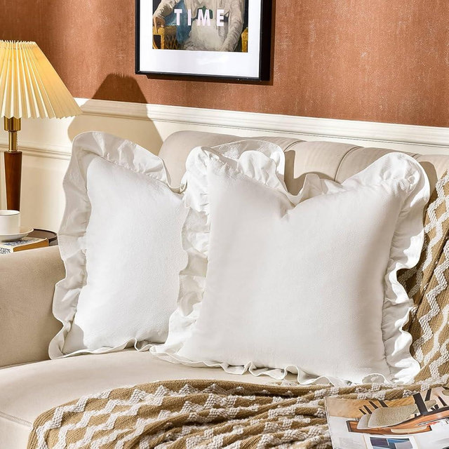 AmHoo Pack of 2 Throw Pillow Covers 100% Cotton Pre Washed Ruffle Decorative Pillowcase Cushion for Couch Sofa Bedroom 22 x 22-Inch Cream White