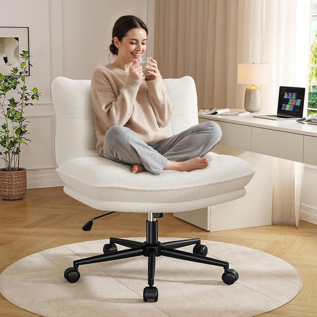 DurayLoly Criss Cross Chair with Wheels, 7" Extra Thick Ergonomic Cross Legged Office Chair, Height Adjustable Swivel Design for Home Office, Study & Vanity,White