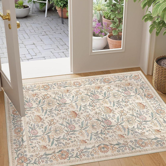 DUKINO 2x3 Rugs for Entryway, Washable Vintage Floral Small Area Rug with Non Slip Backing, Ultra Soft Door Mat Indoor Entrance Low Pile Floor Carpet for Kitchen, Bathroom, Bedroom, Farmhouse, Beige