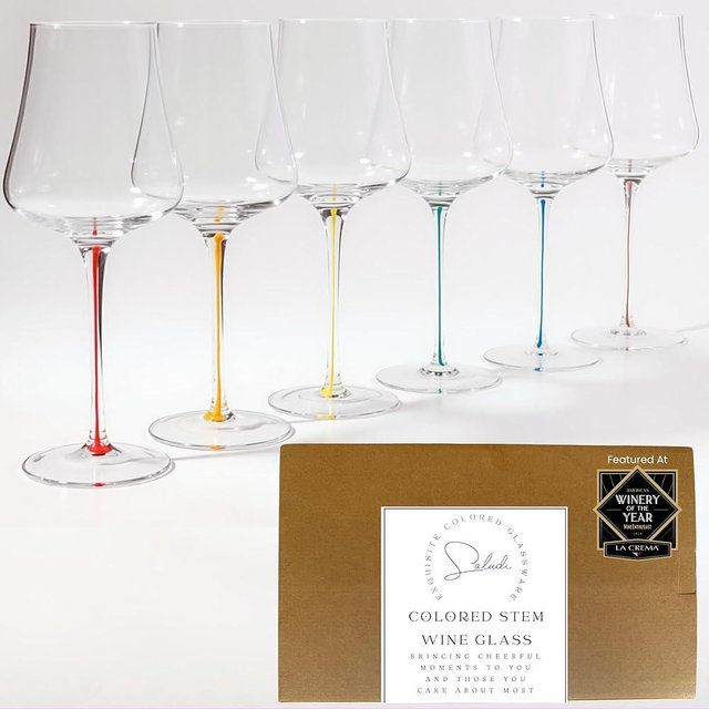 Saludi Tulip Colored Stem Wine Glasses - Set of 6 Hand Blown - Mixed Color Stems That Won’t Chip - Universal Tulip Bowl For Red And White Wine - Dishwasher Safe - Gift Ready