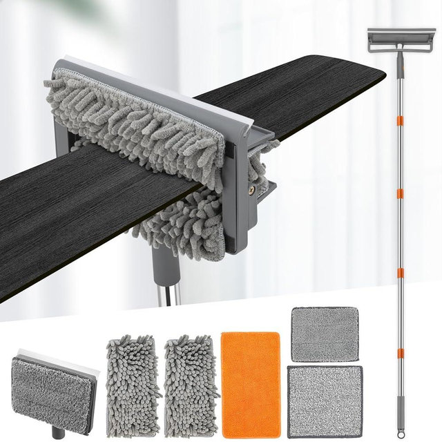 CALBEAU Ceiling Fan Cleaner Duster with 84'' Extension Pole, Baseboard Cleaner Tool with Handle, Reusable Chenille & Microfiber Pads for Dusting Ceiling Fan Baseboard Wall Window Floor